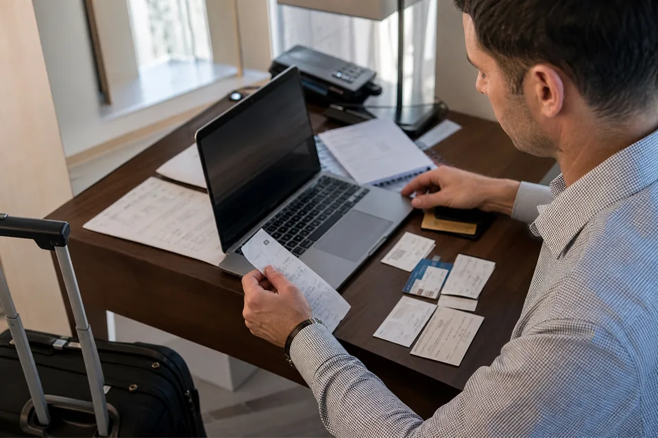 Finance manager reviewing business travel expense reports and airline receipts on a laptop in a US office
