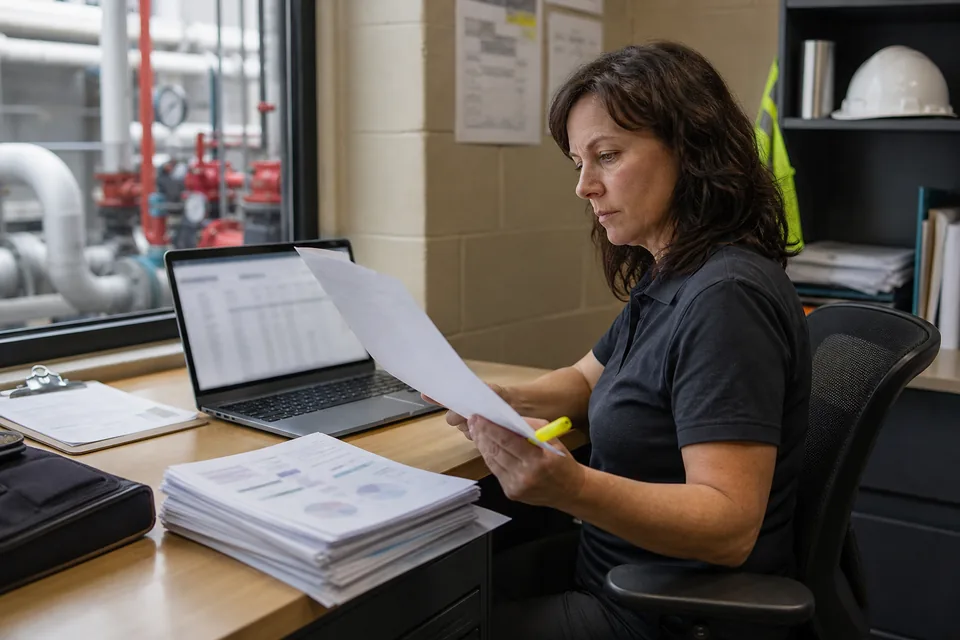 Facilities manager comparing a stack of monthly utility bills with an annual energy software renewal invoice in a building plant room office