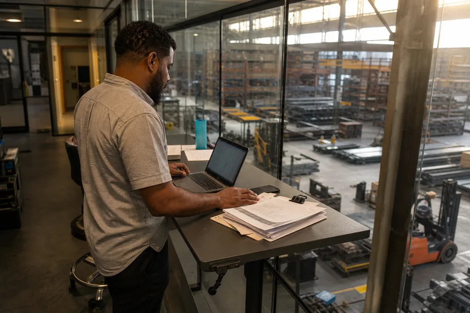Controller at a US manufacturing plant reviewing purchase invoice exports on a laptop beside the production floor