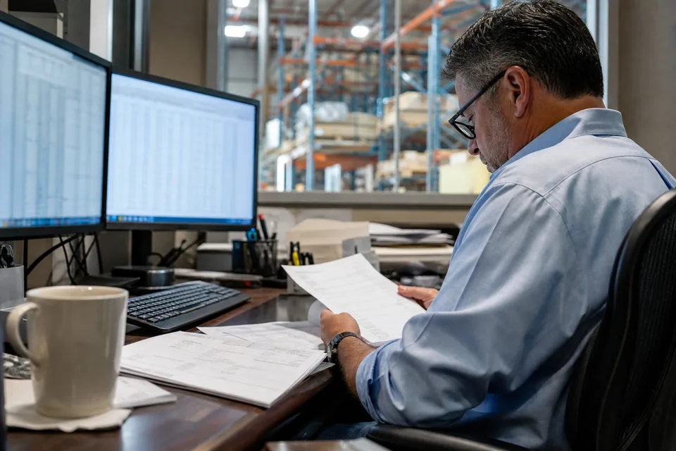 Controller at a US distribution company reviewing an accounts payable export on two monitors in a mid-size office
