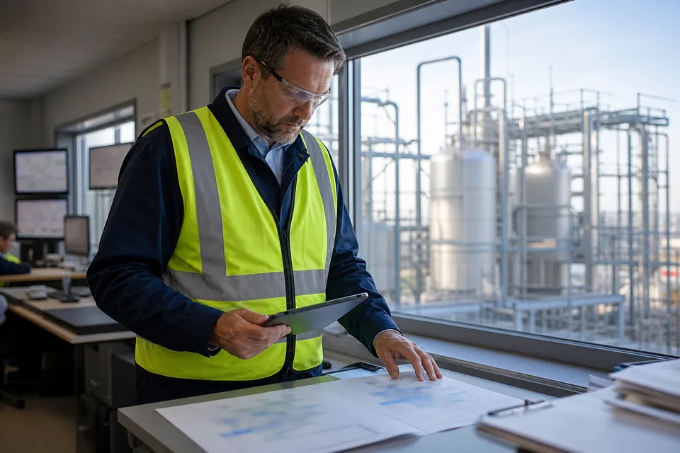 EHS director in a plant control room comparing two EHS software proposals