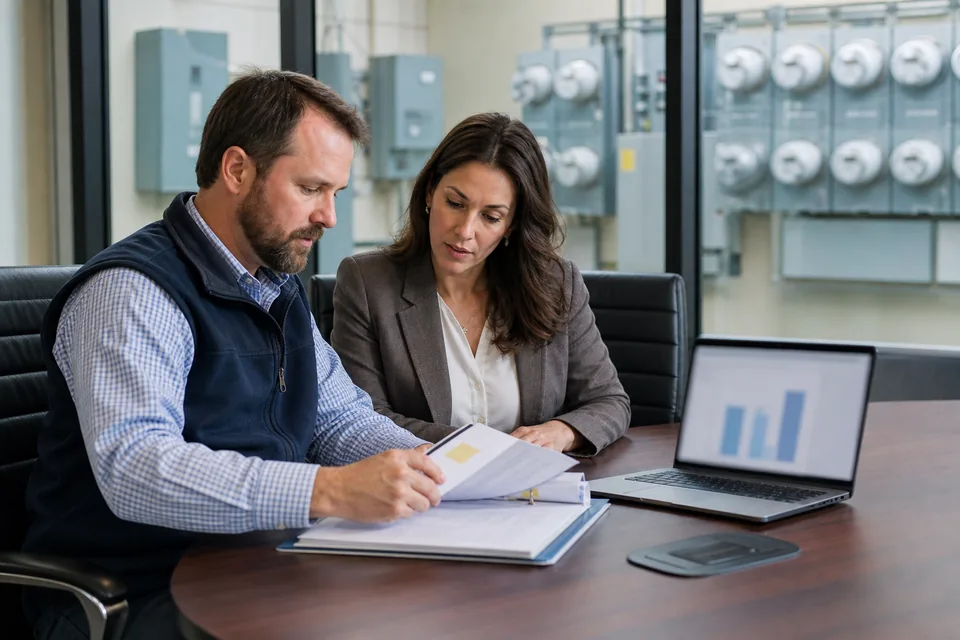 Energy manager and controller reviewing electricity meters and utility invoices for a multi-site portfolio at a conference table